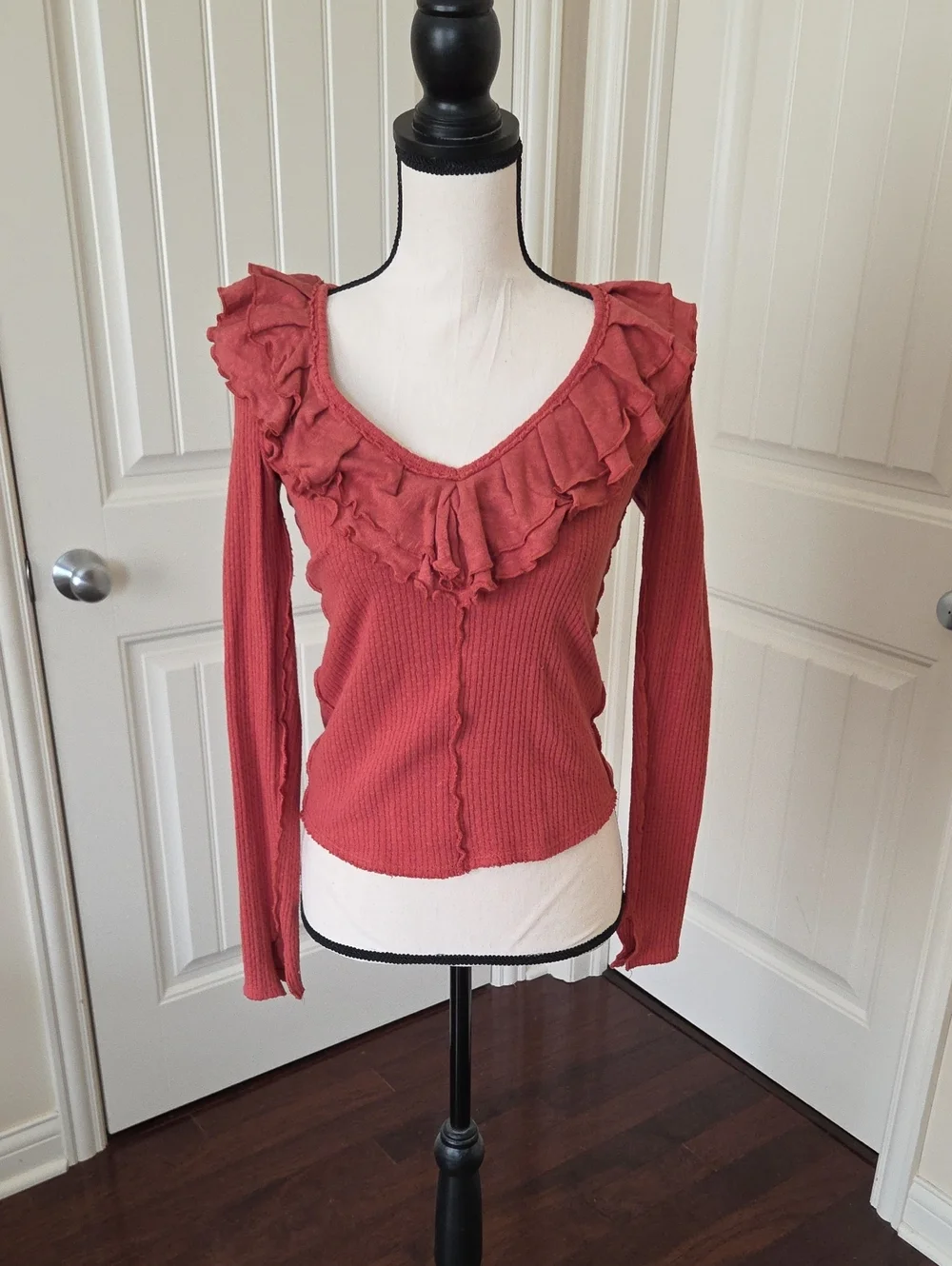Free People Ruffle V-Neck Long Sleeve Top in Rust Color